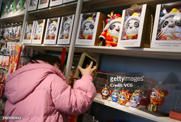 Customer selects Chinese zodiac Dragon versions of Bing Dwen Dwen, Beijing Winter Olympic Games mascot, at a store on January 28, 2024 in Beijing,...