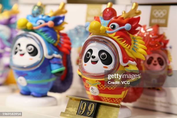 Chinese zodiac Dragon versions of Bing Dwen Dwen, Beijing Winter Olympic Games mascot, are available at a store on January 28, 2024 in Beijing,...