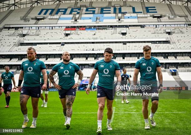 Marseille, France - 1 February 2024; Ireland players, from left, Finlay Bealham, Andrew Porter, Calvin Nash and Josh van der Flier during an Ireland...