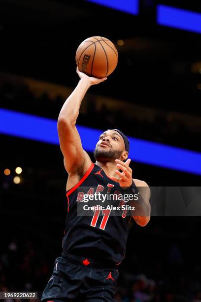 Bruce Brown of the Toronto Raptors shoots against the Atlanta Hawks during the second half at State Farm Arena on January 28, 2024 in Atlanta,...