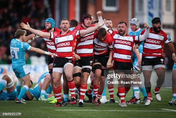 Kirill Gotovtsev of Gloucester Rugby celebrates as a penalty is awarded during the Gallagher Premiership Rugby match between Gloucester Rugby and...