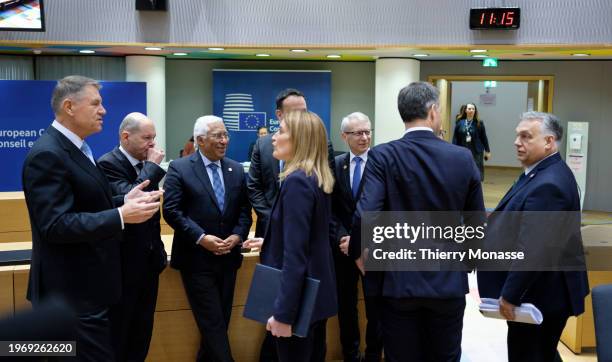 Romanian President Klaus Werner Iohannis talks with German Chancellor Olaf Scholz, Portugese Prime Minister Antonio Costa GCIH, President of the...