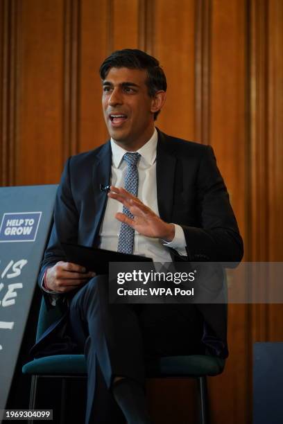 Prime Minister Rishi Sunak during the Help To Grow campaign launch panel event with business leaders from small and medium enterprises discussing how...