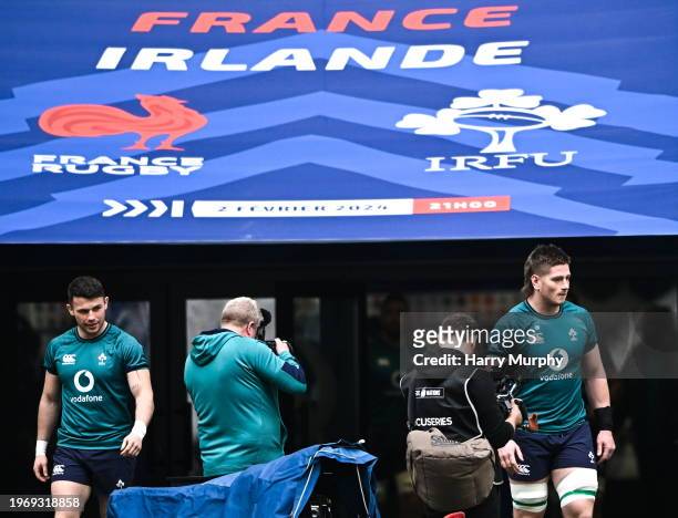 Marseilles , France - 1 February 2024; Calvin Nash and Joe McCarthy walk out for an Ireland Rugby captain's run at the Stade Velodrome in Marseille,...