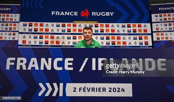 Marseille , France - 1 February 2024; Ireland captain Peter O'Mahony speaks during an Ireland Rugby media conference at the Stade Velodrome in...