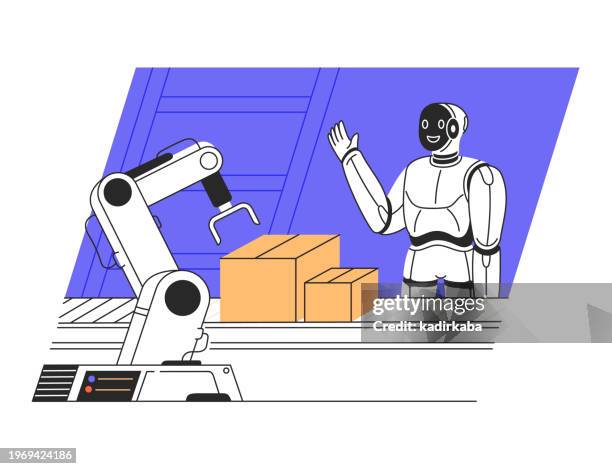 product line factory automation concept illustration. artificial intelligence. flat vector illustrations isolated on white background. virtual assistant, chat bot ai. - computer tech support stock illustrations