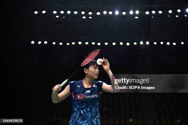 Tomoka Miyazaki of Japan plays against Line Christophersen of Denmark during the Badminton Women's single in the Princess Sirivannavari Thailand...