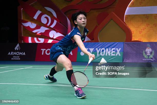 Tomoka Miyazaki of Japan plays against Line Christophersen of Denmark during the Badminton Women's single in the Princess Sirivannavari Thailand...