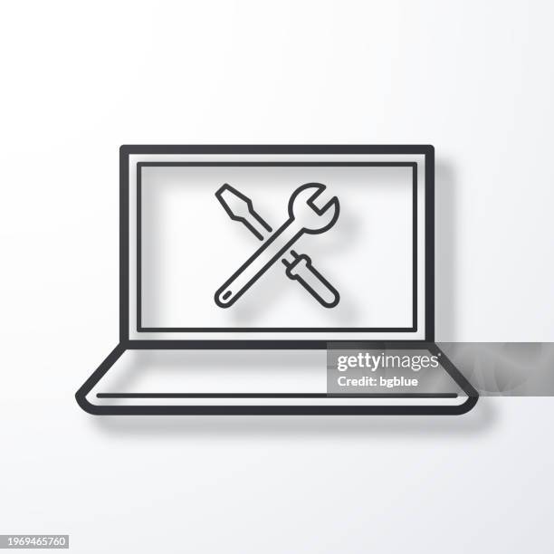 laptop settings - tools. line icon with shadow on white background - wrench stock illustrations