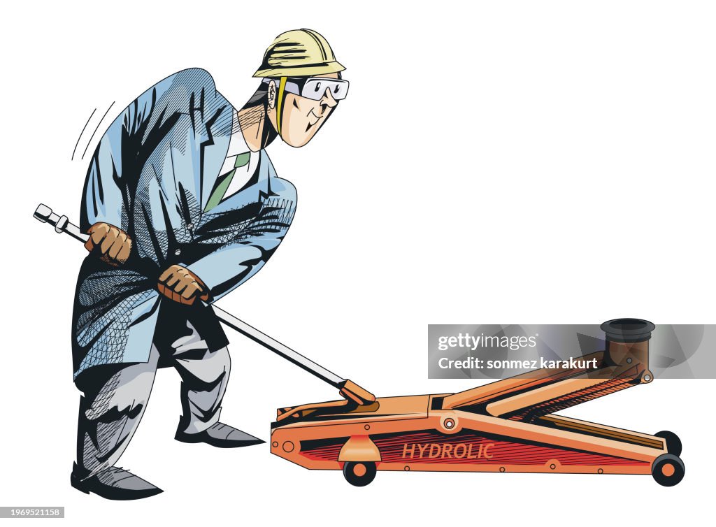 Man Using Hand Jack Engineer Man Using A Jack High-Res Vector Graphic - Getty Images