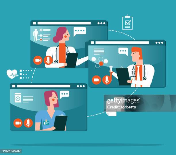 medical and healthcare - teamwork - nurse looking at computer screen stock illustrations