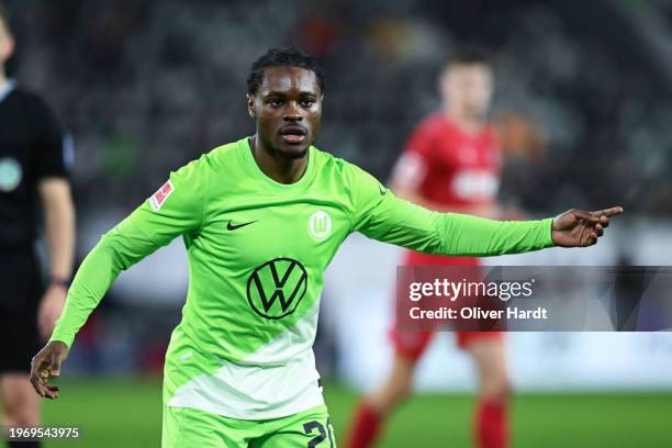 Ridle Baku of VfL Wolfsburg reacts during the Bundesliga match between VfL Wolfsburg and 1. FC Köln at Volkswagen Arena on January 27, 2024 in...