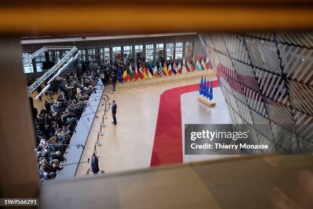 Leaders are talking to media prior the start of an EU Summit in the Europa building on February 2, 2024 in Brussels, Belgium. Heads of the 27...