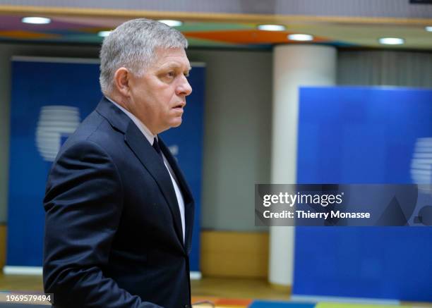 Slovak Prime Minister Robert Fico arrives for an EU Summit in the Europa building on February 2, 2024 in Brussels, Belgium. Heads of the 27 European...