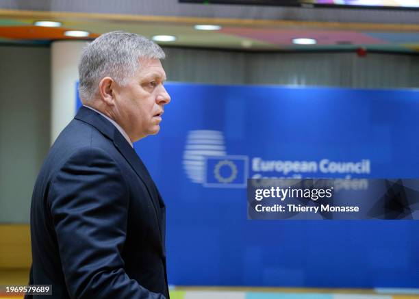 Slovak Prime Minister Robert Fico arrives for an EU Summit in the Europa building on February 2, 2024 in Brussels, Belgium. Heads of the 27 European...