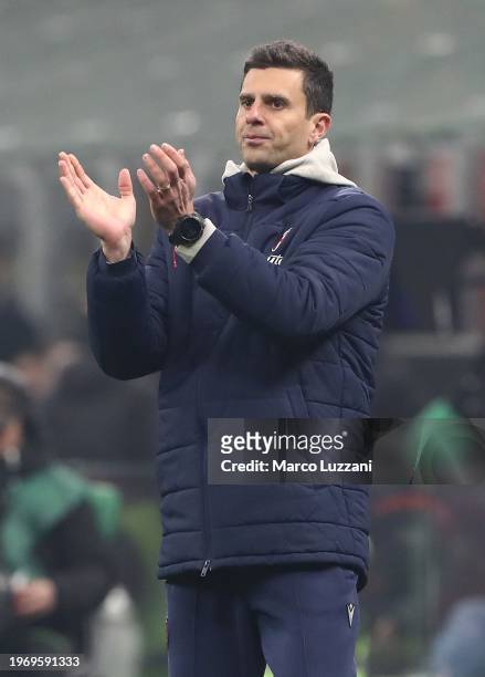 Bologna FC coach Thiago Motta looks on during the Serie A TIM match between AC Milan and Bologna FC - Serie A TIM at Stadio Giuseppe Meazza on...