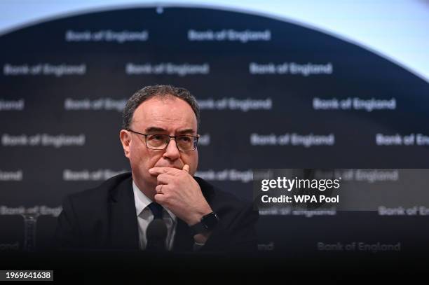 Bank of England Governor Andrew Bailey arrives to address the media during the central bank's Monetary Policy Report press conference at the Bank Of...