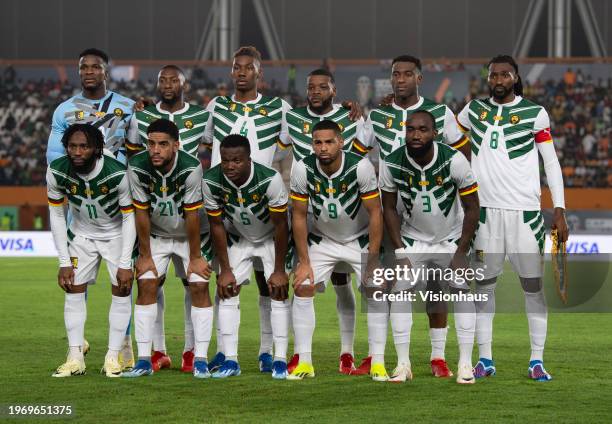 Cameroon players pose for a team photograph prior to the Total Energies CAF Africa Cup of Nations round of 16 match between Nigeria and Cameroon at...
