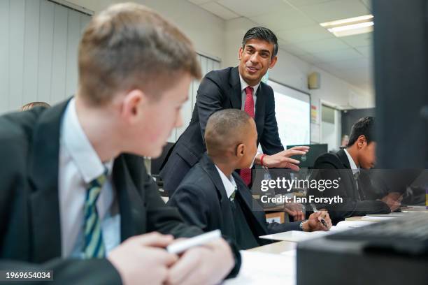 Prime Minister Rishi Sunak meets Year 9 students taking part in a personal development lesson as he visits Haughton Academy in Darlington to outline...