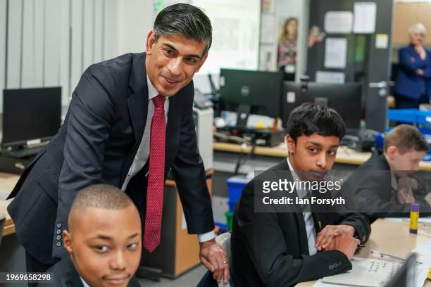 Prime Minister Rishi Sunak meets Year 9 students taking part in a personal development lesson as he visits Haughton Academy in Darlington to outline...