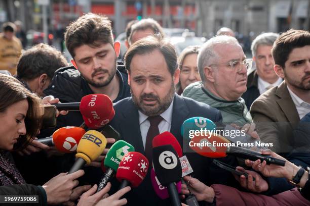 The president of the PP of Castilla-La Mancha, Paco Nuñez, attends to the media upon his arrival at the National Board of Directors of the Partido...