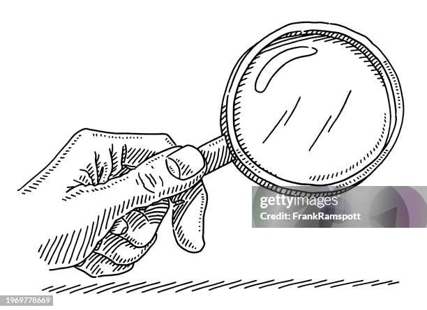 hand holding a magnifying glass drawing - pen and ink stock illustrations
