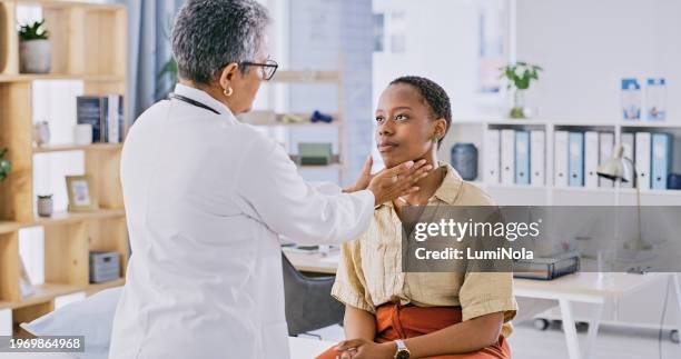 doctor, woman and consultation for sore throat, medical exam or healthcare support advice or service. hospital or clinic worker and patient with thyroid check, neck and breathing health in office - black neck stock pictures, royalty-free photos & images