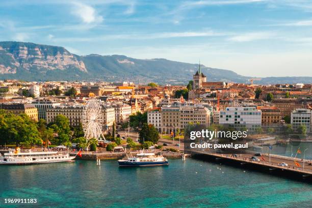 aerial view of geneva downtown, city in switzerland - geneva switzerland stock pictures, royalty-free photos & images