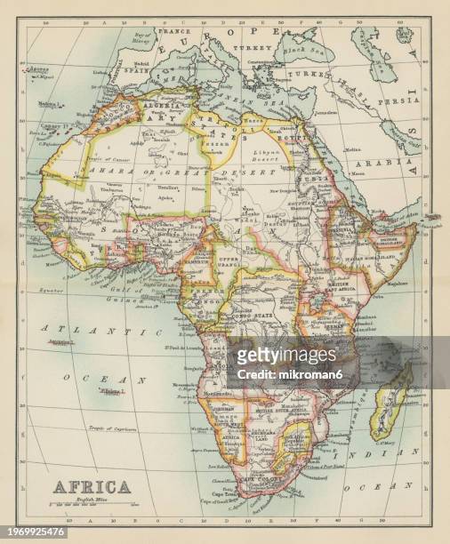 old chromolithograph map of africa - antique logo stock pictures, royalty-free photos & images