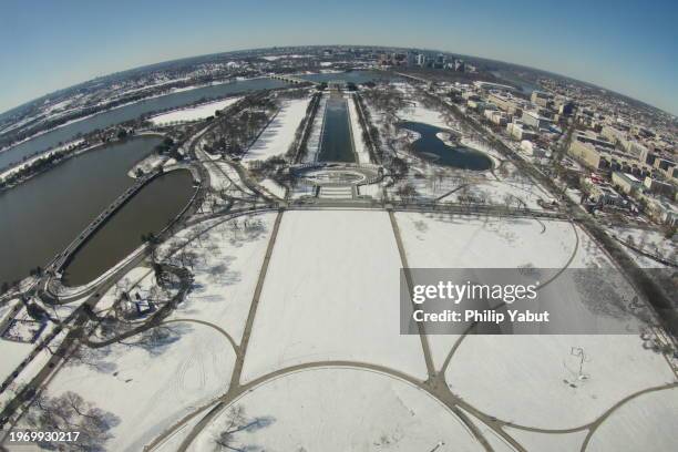 snowy view from the washington monument looking west (fisheye) - washington dc winter stock pictures, royalty-free photos & images