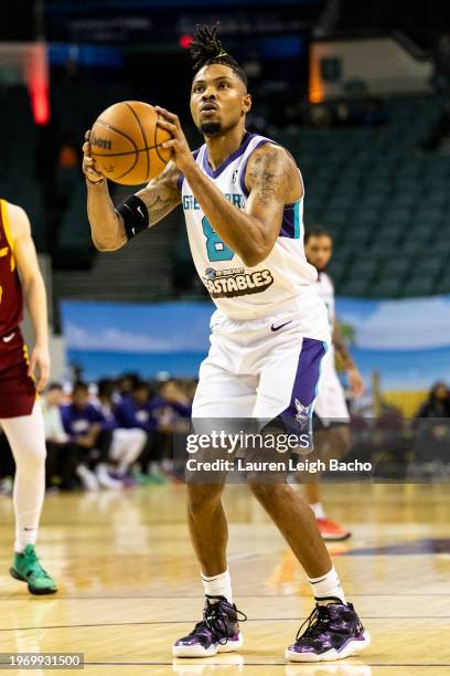 Kent Bazemore of the Greensboro Swarm shoots a free throw during the first quarter of the game against the Cleveland Charge on January 31, 2024 in...