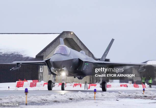 Norwegian F-35 fighter jet taxis on the runway at Keflavik Air Base in Iceland on February 1, 2024. Iceland does not maintain an air force, but as a...