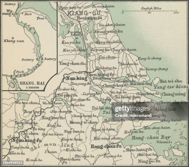 old chromolithograph map of shanghai, china - old shanghai stock pictures, royalty-free photos & images