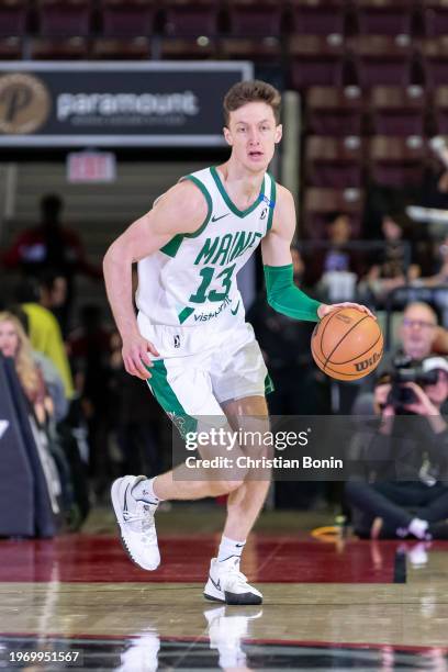 Drew Peterson of the Maine Celtics handles the ball during an NBA G League game against the Raptors 905 at the Paramount Fine Foods Centre on January...