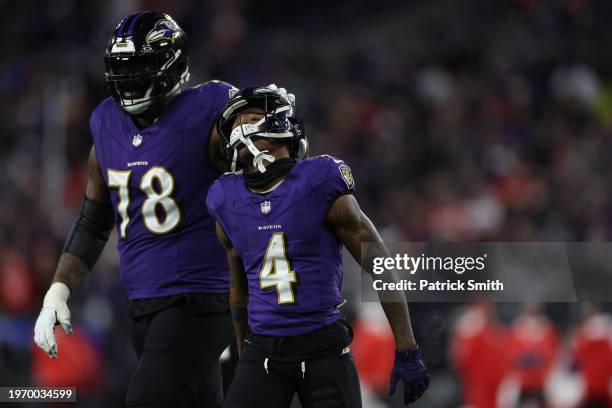 Zay Flowers of the Baltimore Ravens reacts after fumbling on the goal line against the Kansas City Chiefs during the fourth quarter in the AFC...