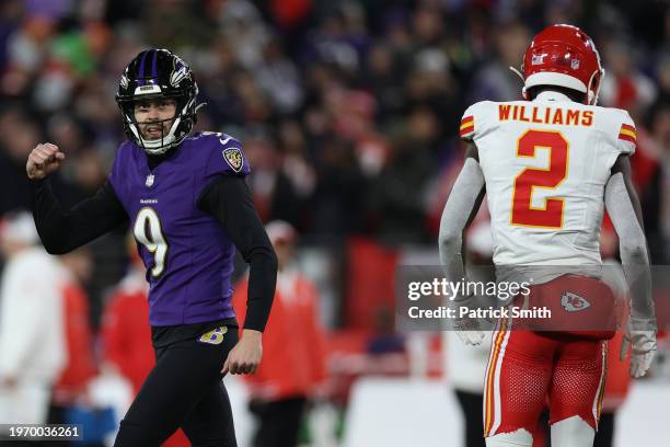 Justin Tucker of the Baltimore Ravens celebrates a fourth quarter field goal against the Kansas City Chiefs in the AFC Championship Game at M&T Bank...