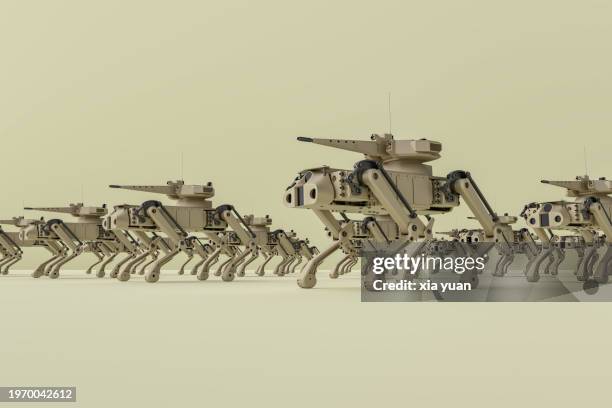 pattern of robot dogs with a machine gun - sneaky robot stock pictures, royalty-free photos & images