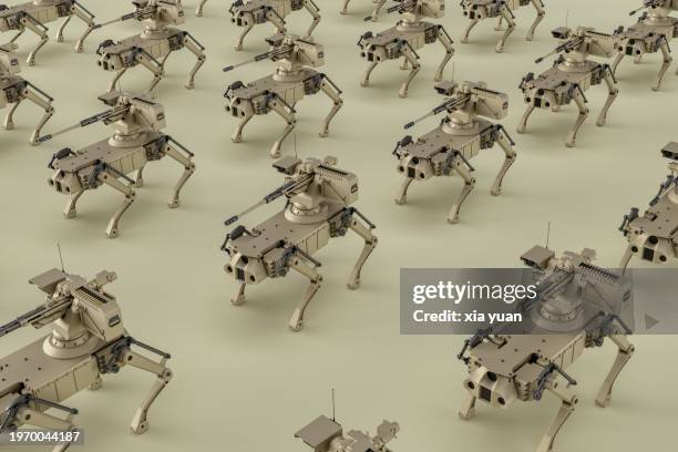 pattern of robot dogs with a machine gun - autonome technologie stock-fotos und bilder