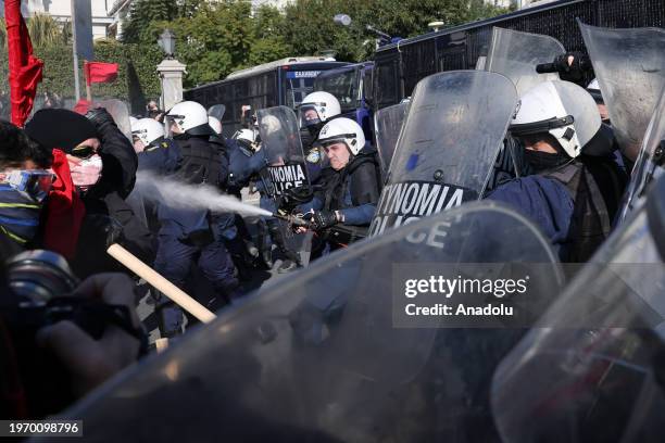 Students scuffle with riot police during a protest against the government's new university reform, in Athens, Greece on February 1, 2024.