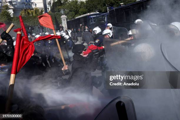 Students scuffle with riot police during a protest against the government's new university reform, in Athens, Greece on February 1, 2024.