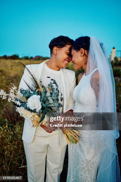 casal lgbtqia celebrando seu amor com um casamento de fuga em um belo cenário. - igualdade no casamento - fotografias e filmes do acervo