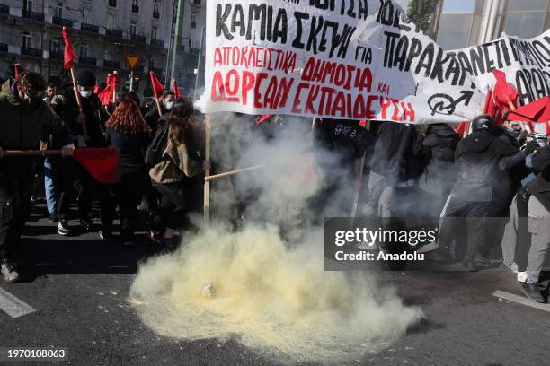 Students scuffle with riot police during a protest against the government's new university reform, in Athens, Greece on February 1, 2024.