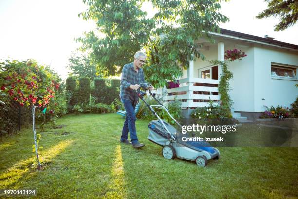 man using lawn mower in garden - cortar relva imagens e fotografias de stock