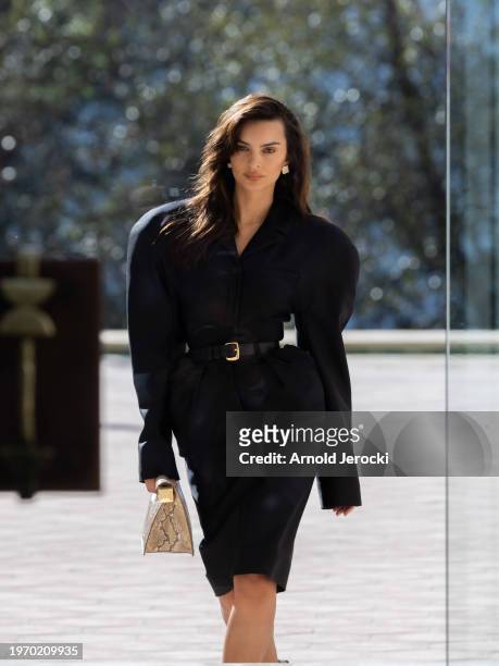 Emily Ratajkowski walks the runway during the "Les Sculptures" Jacquemus' Fashion Show at Fondation Maeght on January 29, 2024 in...