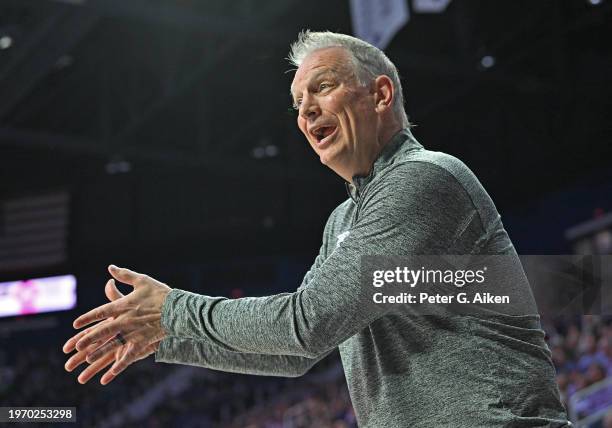 Head coach Jeff Mittie of the Kansas State Wildcats calls out instructions in the second half of a game against the BYU Cougars at Bramlage Coliseum...