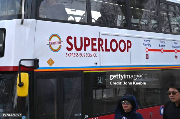 General view of a double decker bus advertising the Superloop Express Bus Service route at Walthamstow Central Bus and London Underground Station on...