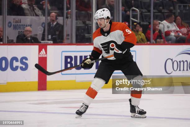 Jamie Drysdale of the Philadelphia Flyers plays against Detroit Red Wings at Little Caesars Arena on January 25, 2024 in Detroit, Michigan.