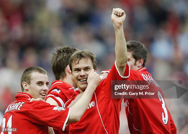 Szilard Nemeth of Middlesbrough celebrates scoring during the FA Barclaycard Premiership match between Middlesbrough and Tottenham Hotspur at the...