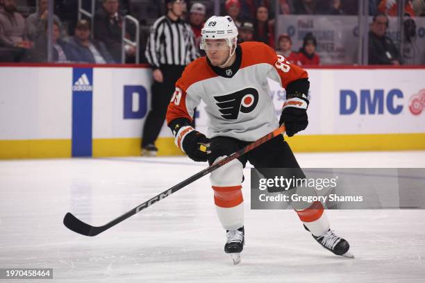 Cam Atkinson of the Philadelphia Flyers plays against Detroit Red Wings at Little Caesars Arena on January 25, 2024 in Detroit, Michigan.