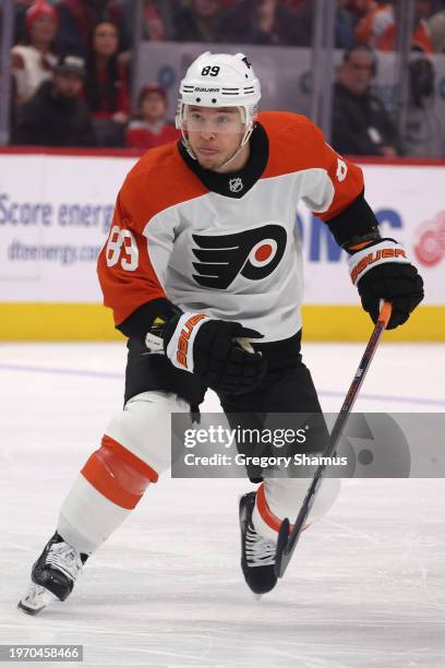 Cam Atkinson of the Philadelphia Flyers plays against Detroit Red Wings at Little Caesars Arena on January 25, 2024 in Detroit, Michigan.